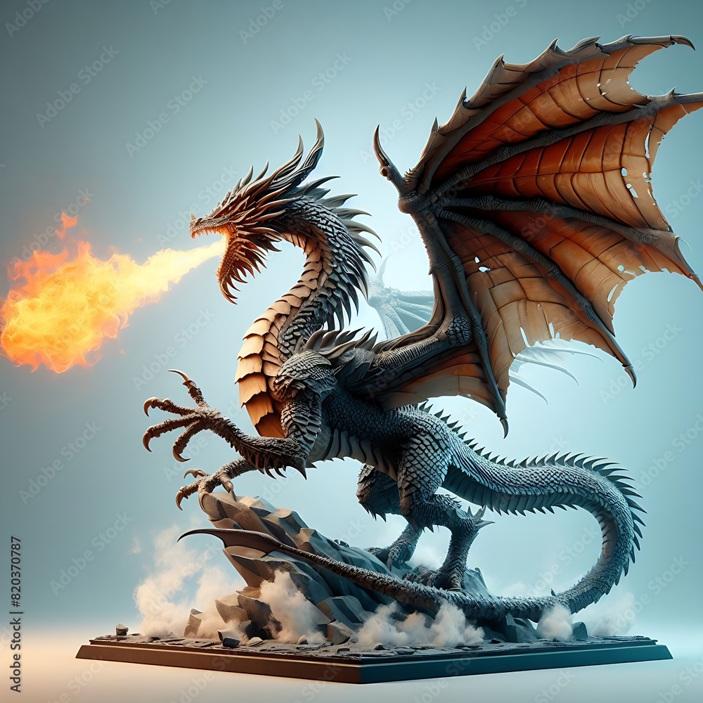 Obraz premium An intricately designed dragon, wings unfurled, perched on rocks and exhaling fire