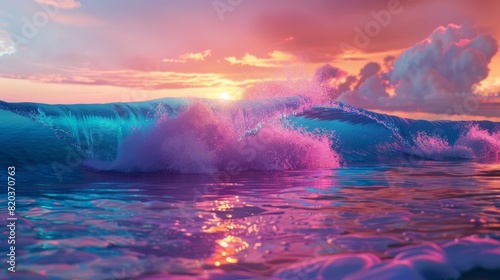 the concept of World Ocean Day. Beautiful nature landscape. World Water Day.  A huge wave in the ocean  with blue and pink gradient colors at sunset. 