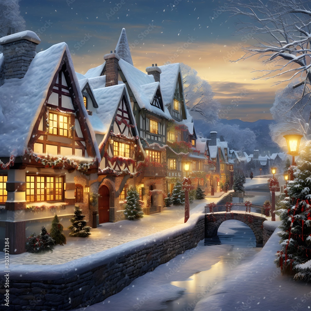 Winter village at night with snow and trees. Digital painting effect.