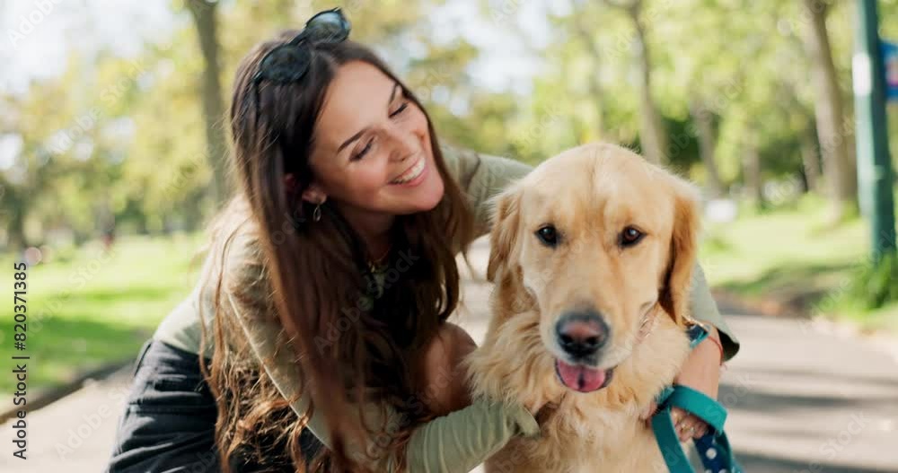 Woman, dog or pet with hugging in street with loyalty, playing and comfort for reward and walking in park. Animal, puppy and embrace in road for companion, bonding and protection in nature with leash
