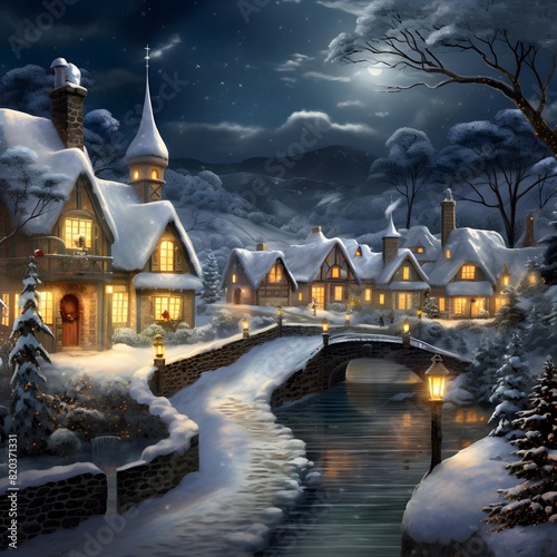 Winter village with snow covered houses at night. Digital painting illustration.