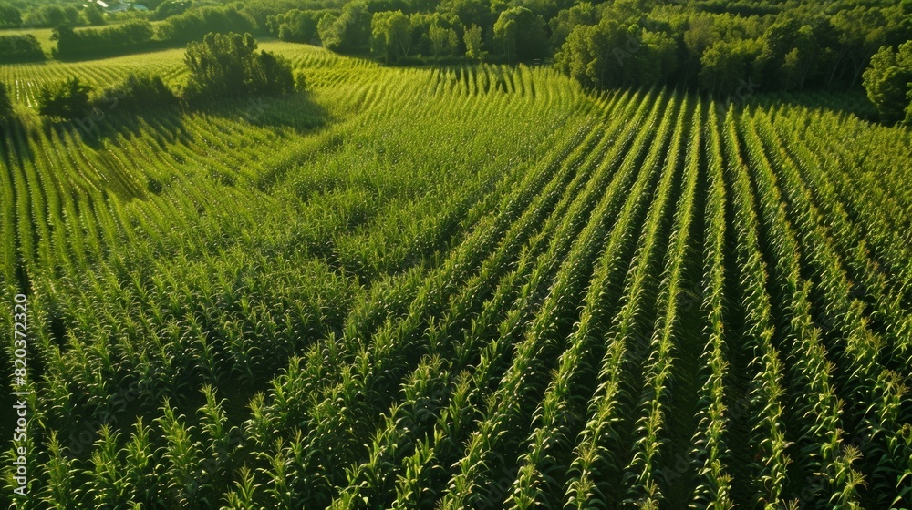 An aerial view of a cornfield highlighting the vast potential for biomass energy production from corn. An aerial view of a cornfield highlighting the vast potential for biomass energy production from corn.