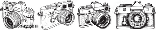 A simple vector line drawing of an old camera in the style of vector art with a white background