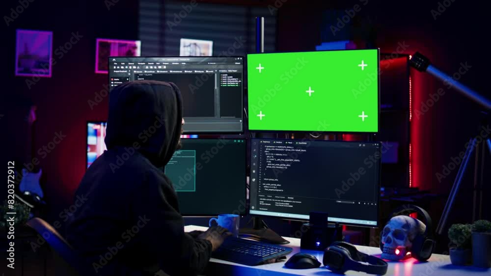 Hacker coding on isolated screen computer monitors, developing zero day exploit undetectable by antivirus. Evil IT engineer using chroma key PC displays to build script tricking firewalls, camera B