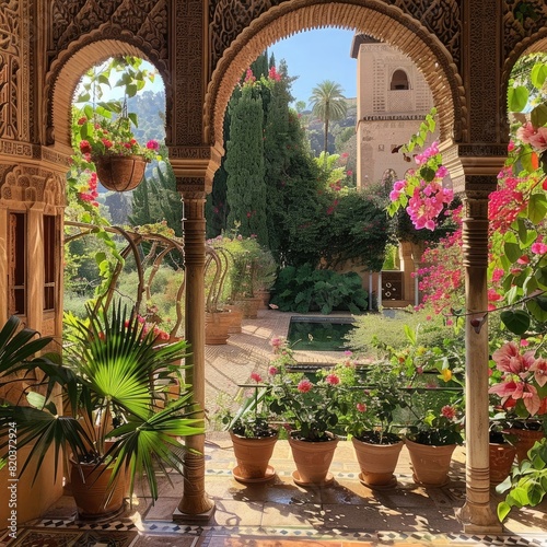 Photo of the Alhambra gardens in Granada  Spain with the carved wooden windows and flower pots on the walls  a pool and greenery on a sunny day.