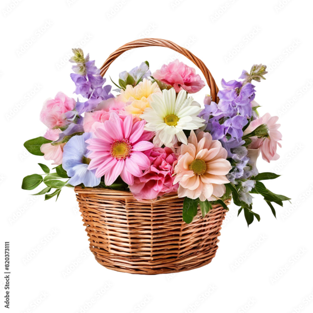 beautiful bouquet of bright flowers in basket isolated on transparent background beautiful bouquet of bright flowers in basket isolated on transparent background