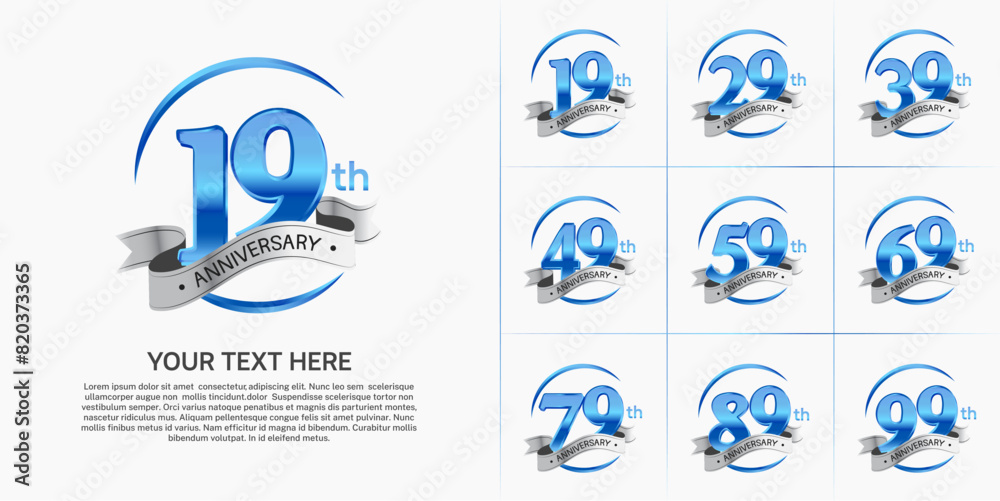 anniversary logotype set vector, blue color and silver ribbon for special day celebration