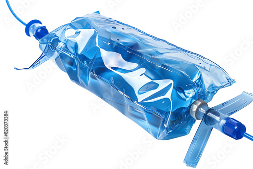 Transparent plastic bag filled with blue liquid.