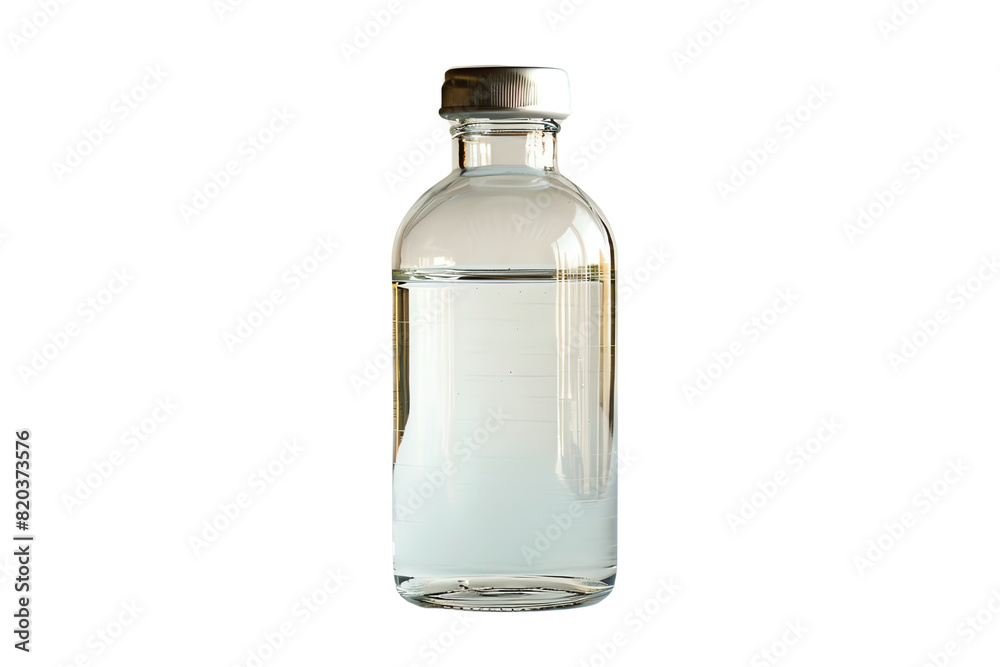 A clear glass bottle with a silver cap, filled with a clear liquid. A clear glass bottle with a silver cap, filled with a clear liquid.