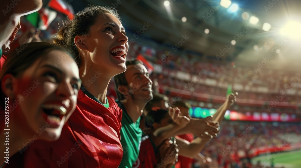 soccer fans cheering in the stadium, wearing red and green jerseys with flags, in the photorealistic style.