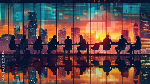 silhouettes of business people in meeting room with cityscape background, digital art style