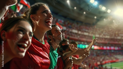 soccer fans cheering in the stadium, wearing red and green jerseys with flags, in the photorealistic style.