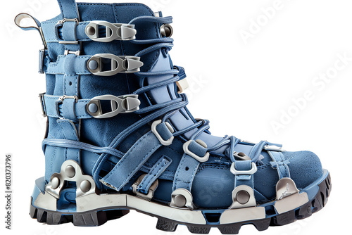 Blue futuristic boot with buckles and white sole.