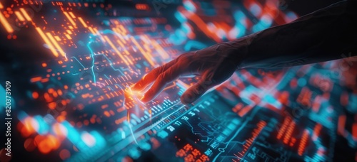 A hand touching a digital screen with stock market data and a candlestick chart.