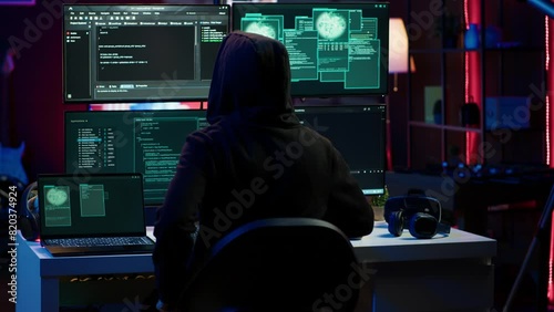 Hacker arriving in secret base with laptop, ready to start programming viruses. Scammer in criminal den opening notebook to exploit network servers and bypass security measures, camera A photo