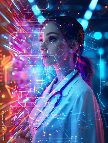 Doctor woman using 3D Al with neon light color around her  A doctor woman using 3D artificial intelligence  a blue light in the back  4k  Generated Al