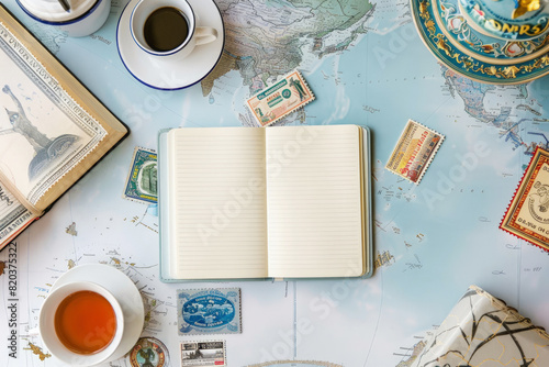 Travel Journaling Desk With Open Notebook Surrounded By Souvenirs And Stamps, Top View