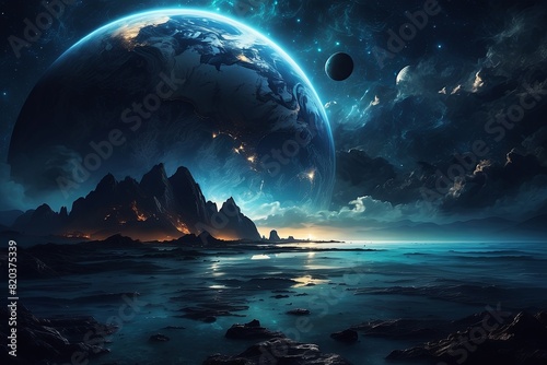 Illustrations of planet Earth with dark or black shades with mysterious and epic atmosphere. The background with effect dramatic cosmic feel.