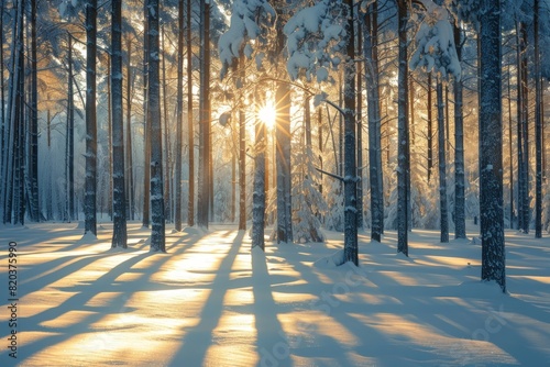 Beautiful winter forest landscape with tall trees covered in snow at sunset. © Ghiska