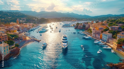 Aerial shot of the Saint-Tropez harbor filled with yachts photo
