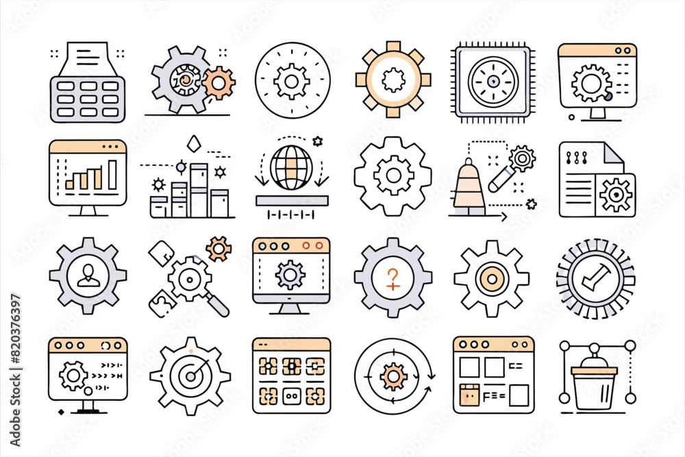 Setting flat icon set. Solid icon collection, Editable stroke. Vector illustration.