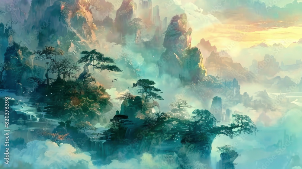 Fototapeta premium Mountains Under Mist In The Morning In Zixi County, Creating A Serene And Tranquil Atmosphere, High Quality