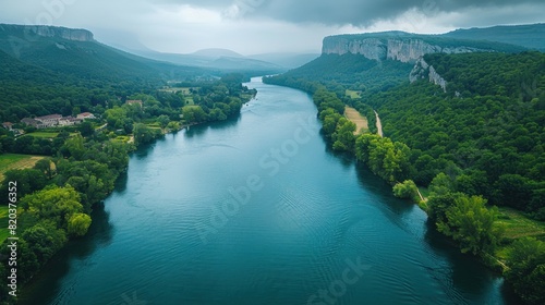 Drone view of the scenic Dordogne River and its valley
