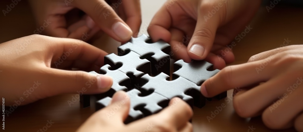 Hands joining puzzle pieces in office businessman teamwork concept Hands joining puzzle pieces in office businessman teamwork concept