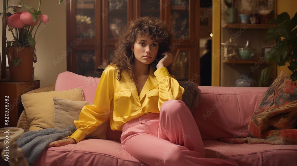 Obraz premium 80s Woman in Solid Color Outfit Poses in 80s House Studio