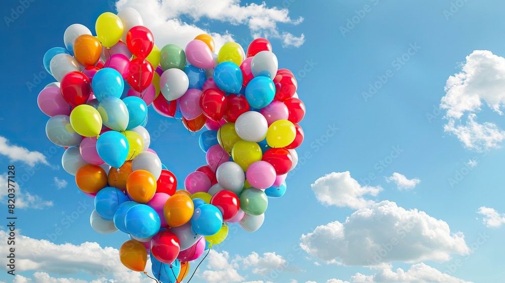 Obraz premium A heart created from an arrangement of colorful balloons floating in the sky, representing joy, celebration, and the uplifting nature of love against