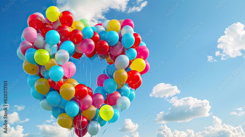 A heart created from an arrangement of colorful balloons floating in the sky, representing joy, celebration, and the uplifting nature of love against A heart created from an arrangement of colorful balloons floating in the sky, representing joy, celebration, and the uplifting nature of love against