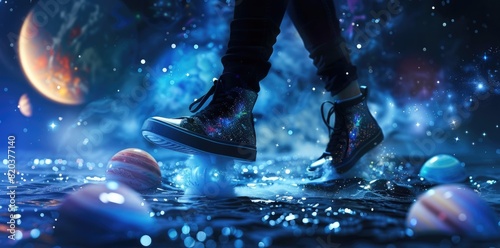 high fashion, a woman wearing black shoes with a galaxy print on them, walking in space surrounded bo lighting. photo