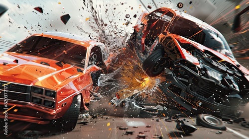 A pair of cars crashing head-on in a dramatic collision, with debris flying and metal bending, illustrating the force and destruction of a vehicular accident against