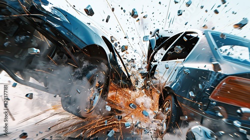 A pair of cars crashing head-on in a dramatic collision, with debris flying and metal bending, illustrating the force and destruction of a vehicular accident against photo