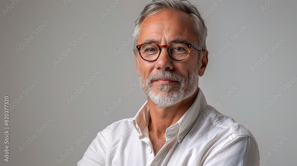 Fototapeta premium mature man radiating confidence and satisfaction in his career within a startup company focused on information and technology.