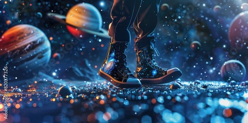 high fashion, a woman wearing black shoes with a galaxy print on them, walking in space surrounded b