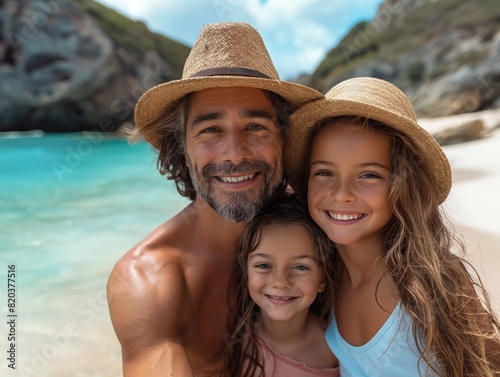 Família de turistas curtindo uma viagem de verão na praia, transmitindo alegria, união e diversão sob o sol