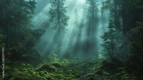 A dense foggy forest with ancient moss-covered trees  mysterious and serene atmosphere  beams of light penetrating the fog