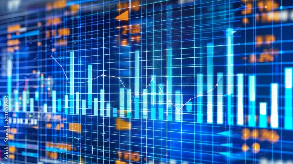 Obraz premium Abstract data visualization of an office server room with digital charts and graphs on the screen, representing business technology and financial equipment.