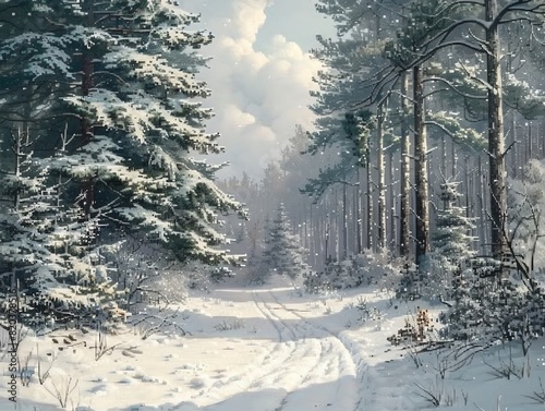 A peaceful snow-covered forest, with tall evergreens and a clear path winding through the landscape
