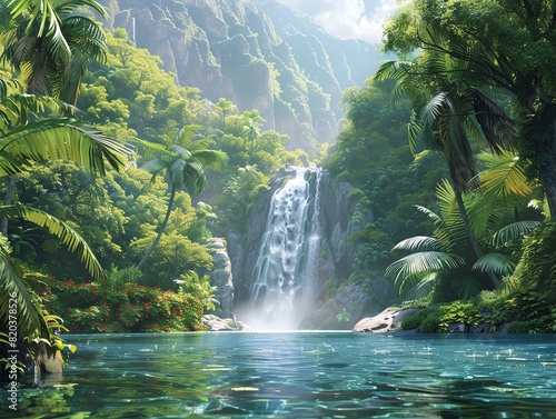 A rainforest scene with towering trees  dense foliage  and a waterfall cascading into a clear pool