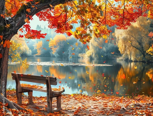 A vibrant autumn scene with colorful leaves falling from trees, a wooden bench beside a tranquil pond