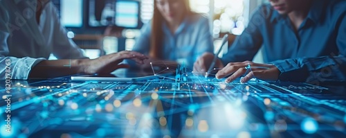 Ai with business people working together on digital tablets, financial charts and icons in the style of modern geometric shape pattern background banner