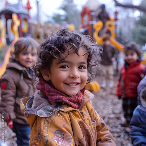 Children from different ethnic backgrounds playing and laughing together in a playground, symbolizing the harmony of diversity in early childhood. List of Art Media Photograph inspired by Spring photo