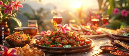 Isaan Feast of Som Tam and Grilled Chicken Basking in Warm Sunset Hues