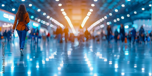 People walking through modern plaza motion blur background
 photo