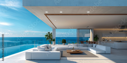 Minimalist luxury beach house overlooking the ocean photo