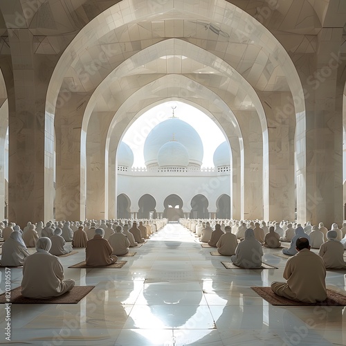 Group of Muslim men performing salah (prayer) in congregation inside a spacious, light-filled mosque. List of Art Media Photograph inspired by Spring magazine photo