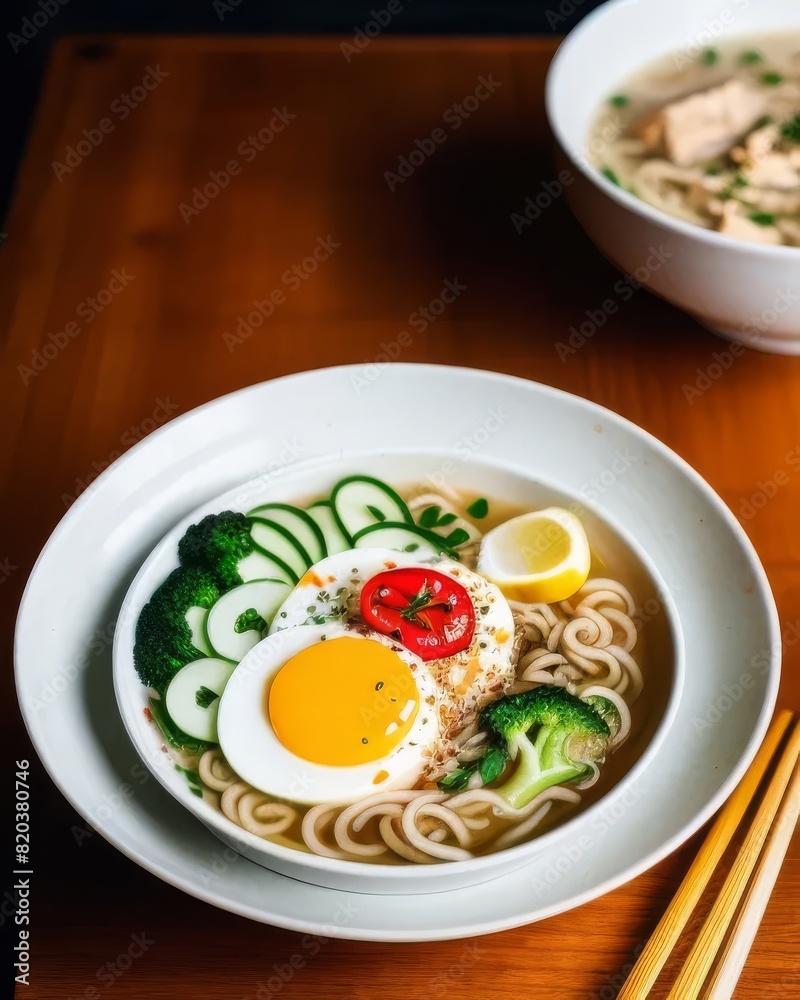 A bowl of ramen noodles with a fired egg and additional ingredients. A bowl of ramen noodles with a fired egg and additional ingredients.