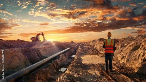 Construction Worker Observing Pipe in Long Ditch with Digging Machinery photo